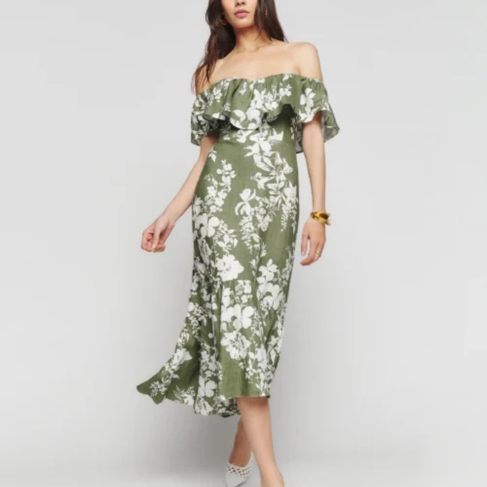 NWOT Reformation Baela Linen Dress in Willow Green White Floral Midi - Picture 6 of 7